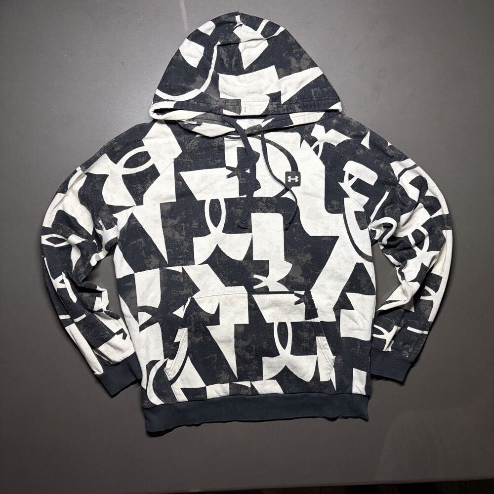 Size Medium - Men's Under Armour Logo Print Pullover Hoodie Black White